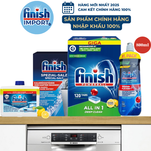 Giga Combo 4 món: 120 viên Finish All in 1 hương chanh + 1,2kg muối + 800ml nước làm bóng + 250ml vệ sinh máy Finish, hiệu quả vượt trội